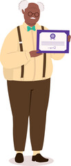 One Plus Size Black Elderly Man Standing And Showing His Certificate.