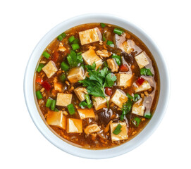 Delicious and flavorful bowl of hot and sour tofu soup garnished with fresh herbs transparent background