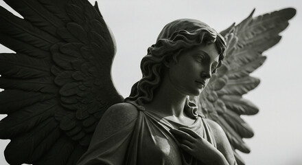 Obraz premium Solemn stone angel statue in black and white, a symbol of grief, faith, and eternal remembrance in a peaceful cemetery.