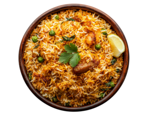 Delicious and flavorful chicken biryani served in a rustic wooden bowl on transparent background