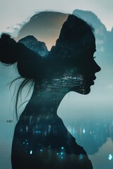 Woman's profile with serene mountain and water scene