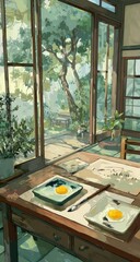 Sunlight streams into a cozy room, illuminated by trees and a serene garden view. Two fried eggs rest on a wooden table, beside writing supplies