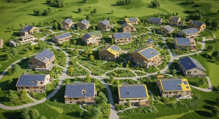 Aerial View of a Utopian Eco-Village with Solar-Powered Homes and Lush Gardens