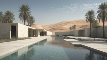 Fototapeta premium Modern oasis resort in desert landscape