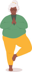 One Plus Size Black Elderly Woman Standing And Doing Yoga In Prayer Pose On One Leg.