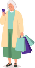 One Elderly Woman With Shopping Bags Looking At Her Handphone.