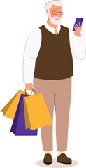 One Elderly Man With Shopping Bags Looking At His Handphone.