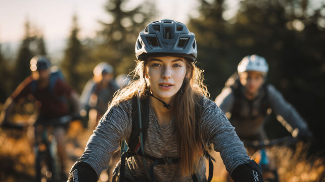 Female cyclist wearing protective helmet riding mountain bicycle on forest trail surrounded by trees with friends during active outdoor adventure trip