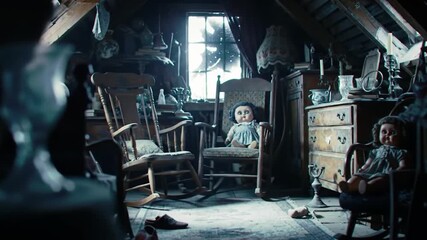 Haunted Attic Room with Vintage Dolls and Dusty Furniture - Powered by Adobe