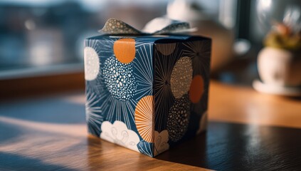 A square gift box, adorned with a design of stylized dandelion-like patterns in shades of navy blue, orange, and white, rests on a wooden table. 