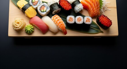Vibrant assortment of traditional Japanese sushi and sashimi, a concept of fresh seafood dining on a wooden platter