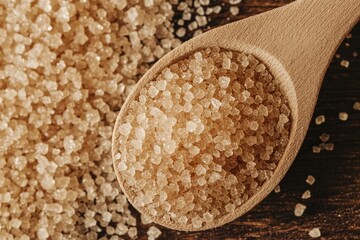 Raw brown sugar in wooden spoon on dark wood