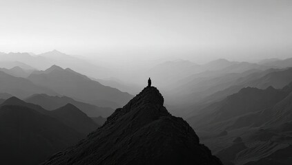 Solitary figure atop a mountain peak, vast misty landscape