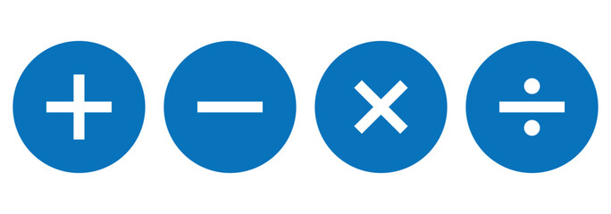 Four basic mathematical operation symbols plus minus multiply and divide.  Addition, subtraction, multiplication, division sign, icon symbol. eps 10