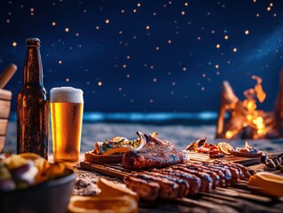 Starry night beach BBQ feast Grilled meats beer by bonfire under the stars with cinematic blue and