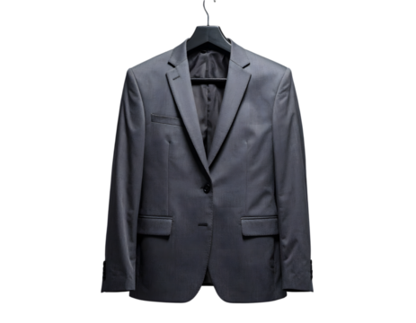 Elegant Gray Suit Jacket on Hanger Against Black Background