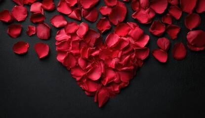 Red rose petals arranged in a heart shape on a dark background