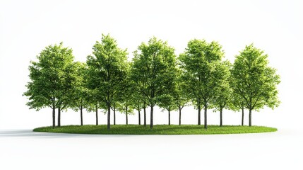 Obraz premium Row of Green Deciduous Trees on a Small Island Against White Background