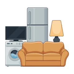 Collection of household appliances and furniture on a white background