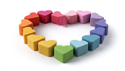 Colorful hearts form a heart-shaped frame,  with a gap in the middle.  Each heart is a different shade, forming a spectrum of colors.  The image is on a white background