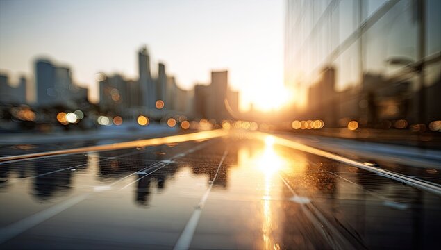 Solar panels on a city street at sunset. Blurry cityscape in the background