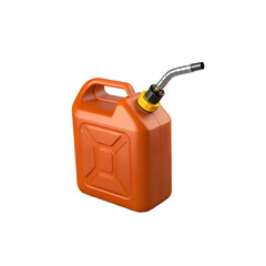 Durable orange fuel container with spout for gasoline and diesel on transparent background 