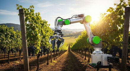 High-Tech Viticulture: A Robotic Arm Gathers Grapes in a Sunlit Vineyard