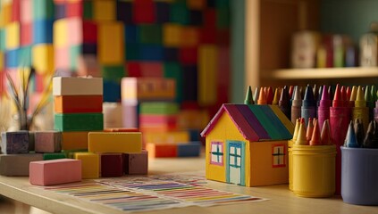 Obraz premium Colorful play area with building blocks, crayons, and house