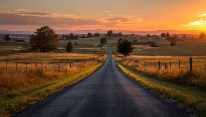 Asphalt road leading into a golden sunset over a rural landscape