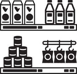 Packaged goods and bottles on shelves and hanging items packaging cans
