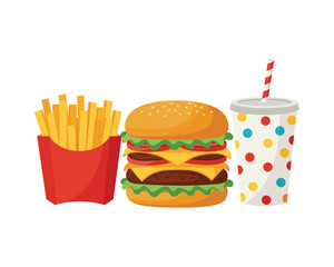 Illustration of a burger, fries, and soda, a classic fast food meal, isolated on white background