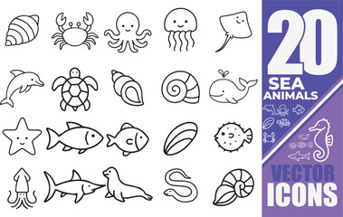 "20 Sea Animal Vector Icons – Cute Marine Line Art for Kids & Design Projects"