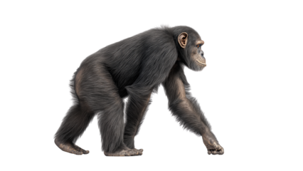 Walking chimpanzee side profile with clear fur texture and alert eyes, natural movement, real look, full view, on white background, 4k, unique, no blur, clear view