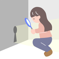 小さな鍵穴をしゃがんで虫眼鏡で見ようとしている女性のイラスト