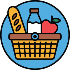 Picnic basket with bread milk and apple woven basket baguette