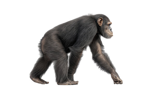 Walking chimpanzee side profile with clear fur texture and alert eyes, natural movement, real look, full view, on white background, 4k, unique, no blur, clear view