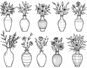 Set of Sketch Flower Vase Silhouette
