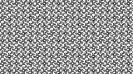 Repeating black and white floral pattern with swirling petals creating a dense symmetrical design