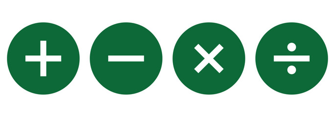 Four basic mathematical operation symbols plus minus multiply and divide.  Addition, subtraction, multiplication, division sign, icon symbol. eps 10