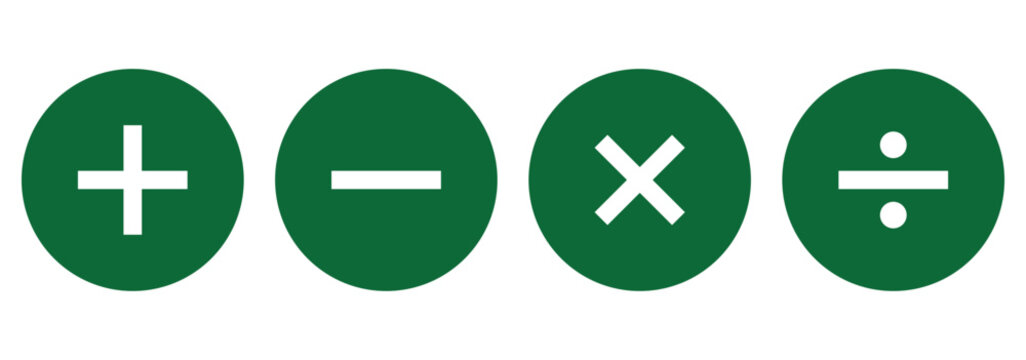 Four basic mathematical operation symbols plus minus multiply and divide.  Addition, subtraction, multiplication, division sign, icon symbol. eps 10