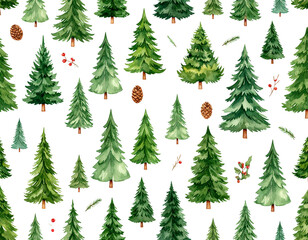 Hand-Drawn Watercolor Christmas Tree Pattern with Forest Elements, Random Scatter, isolated transparent background png