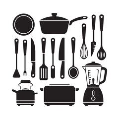 Minimalist Black Silhouettes of Plates, Glasses, and Cutlery