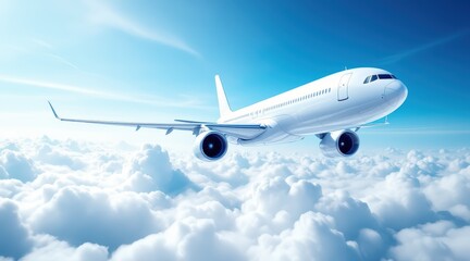 Obraz premium White passenger jet soars above a sea of fluffy clouds