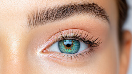 Fototapeta premium Bright blue eye with long lashes and well groomed eyebrows, showcasing beauty and detail