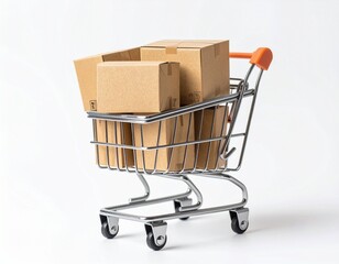 Small shopping trolley carrying eco-friendly brown kraft packaging boxes, minimal