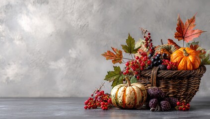 Autumn still life with pumpkins and flowers, a festive winter celebration with a golden pine branch and red ornament.