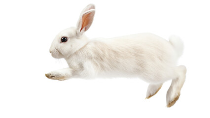Obraz premium White hopping rabbit caught sideways mid-leap with fur detail and sharp focus, real look, full view, on white background, 4k, unique, no blur, clear view