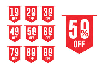 Promotion hold tag. Special offer discount on red tags shapes with different value percent off 90, 80, 70, 60, 50, 40, 30, 20, and 10%.	
