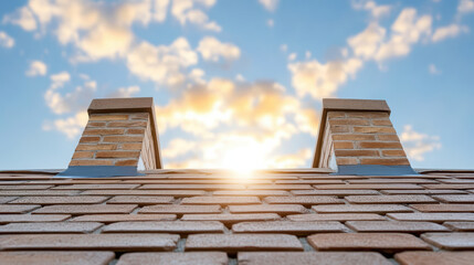 Chimneys rise against vibrant sky, capturing warmth of sun glow