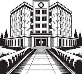 Tall modern hospital building with entrance pathway and surrounding greenery architecture medical